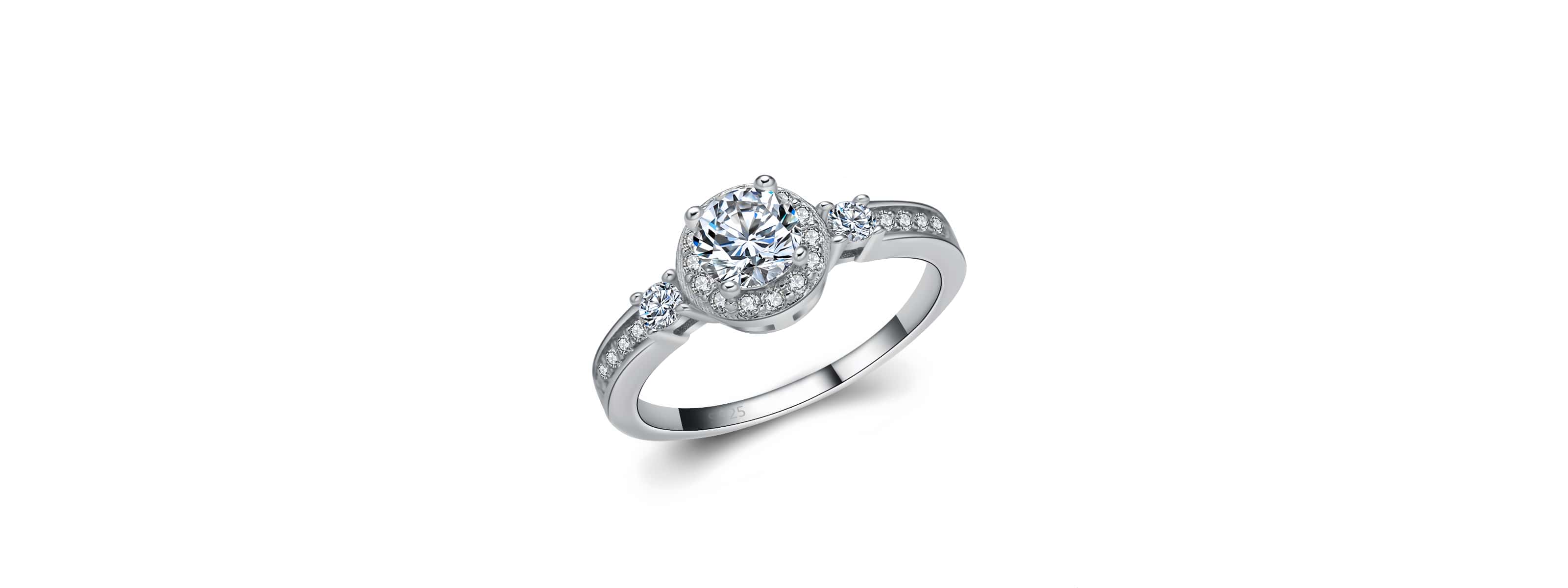 Silver ring with a diamond on a white background